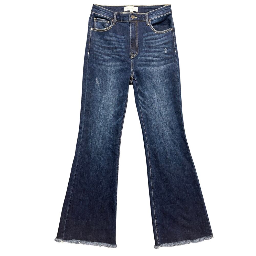 Risen Jeans High Rise Flare Vintage Frayed Hem Dark Wash Stretch Denim 11/30